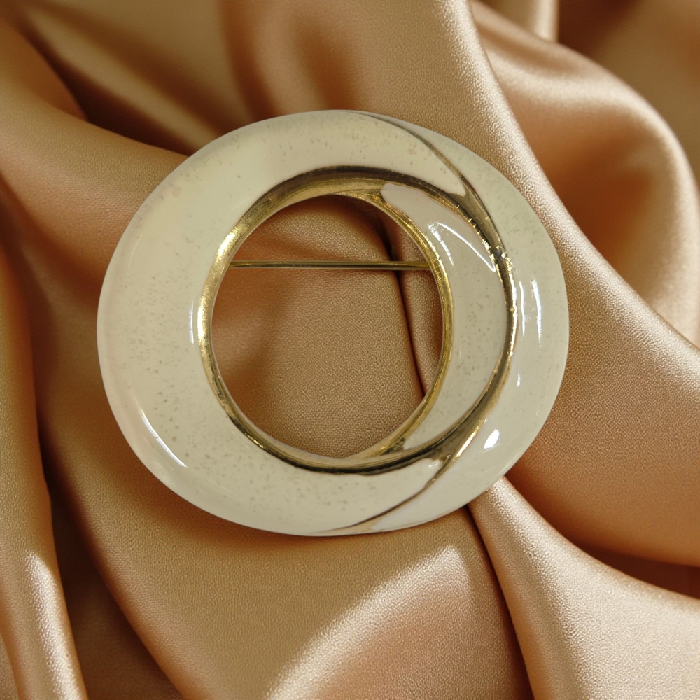 MCM Vintage Enamel Circle Brooch Cream and Gold 1960's-1970's